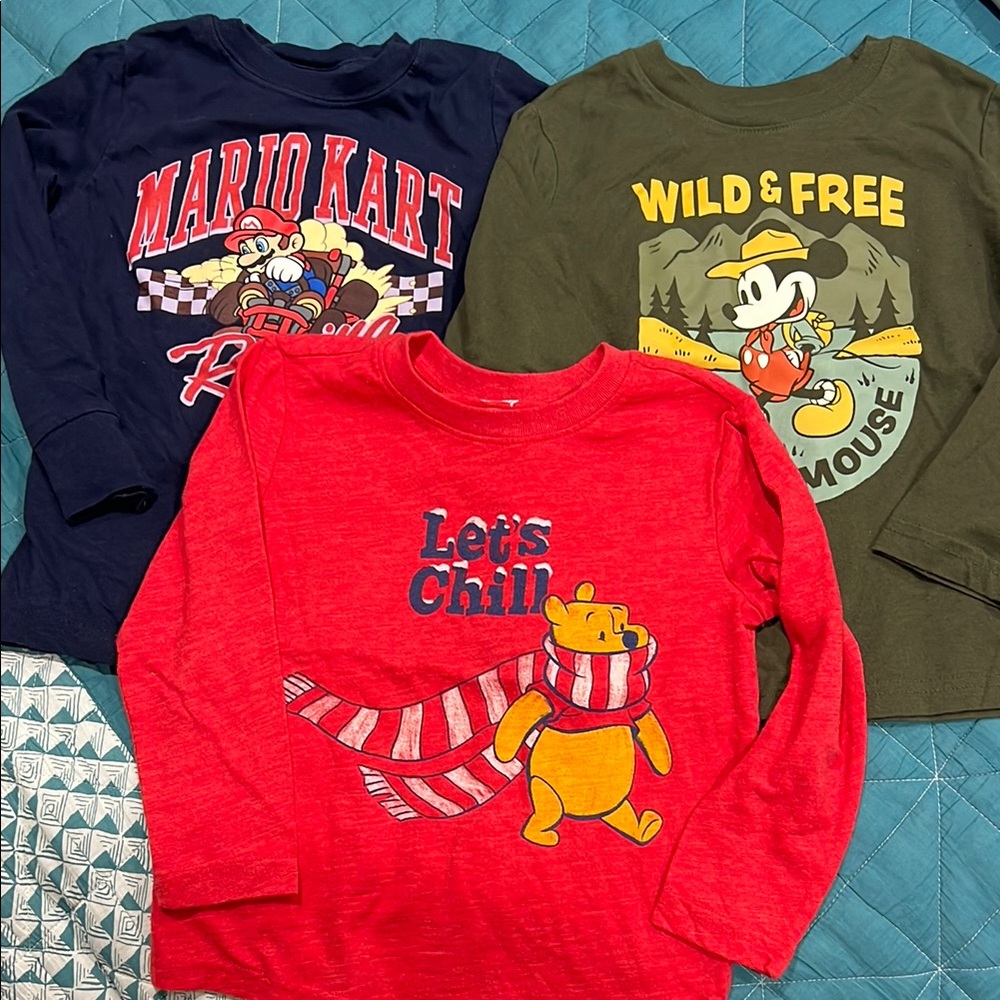 Disney and Nintendo Kids Size 4 Long Sleeve Shirt Set - Red, Green, and Blue